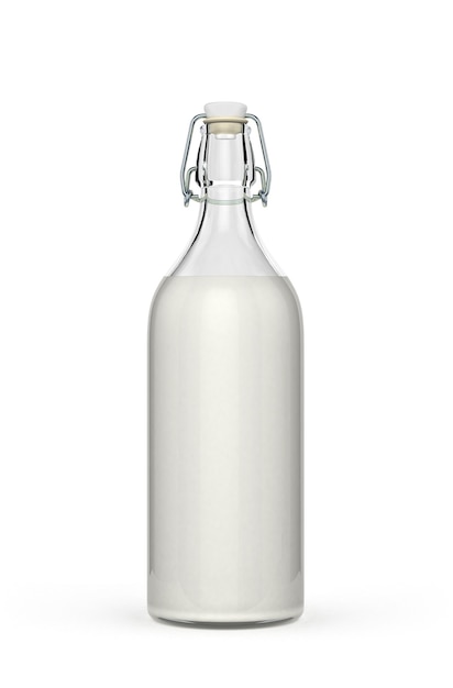 Glazen fles vol melk met een plastic hamer geïsoleerd op een witte achtergrond