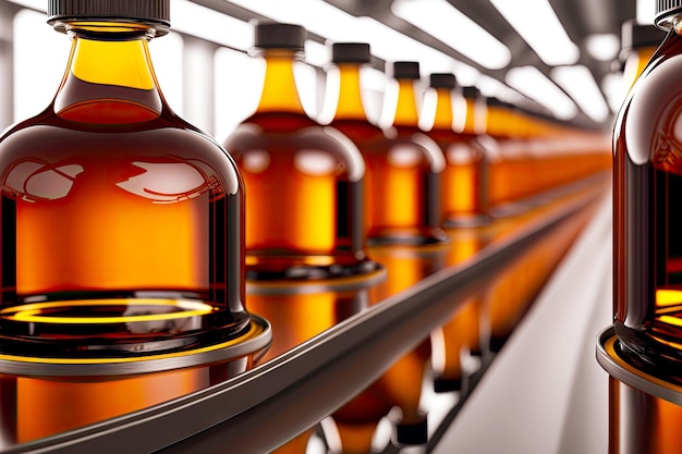 Glazen flessen gevuld met cognac bewegen langs de lopende band voor de productie van voedsel en dranken