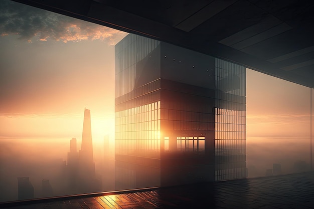 Glazen gebouw met uitzicht op de skyline van de stad en een mistige zonsopgang op de achtergrond