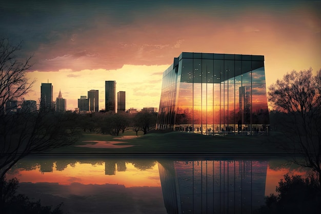 Glazen gebouw met uitzicht op stad en park bij zonsondergang