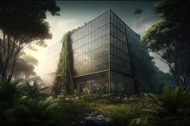 Glazen gebouw omgeven door weelderige tuinen die een rustige omgeving bieden