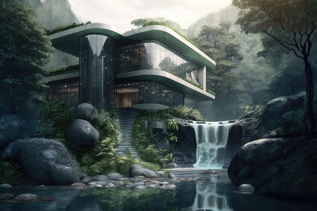 Glazen gebouw omringd door watervallen en groen zorgen voor een rustige omgeving