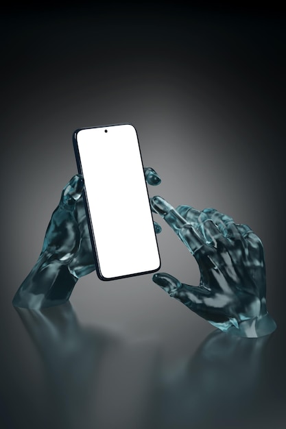 Glazen handen sculptuur met een mobiele telefoon met een leeg scherm 3d illustratie