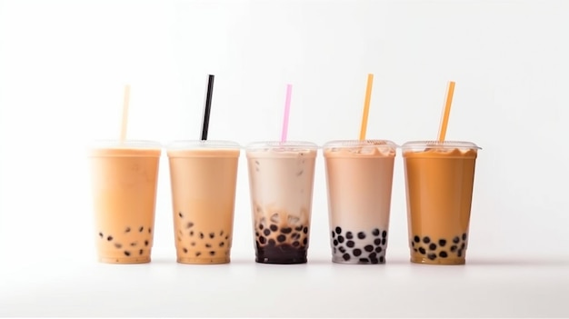 Glazen Ice Bubble of Boba Milk Tea met rietjes op witte achtergrond Taiwanese traditie generatieve AI