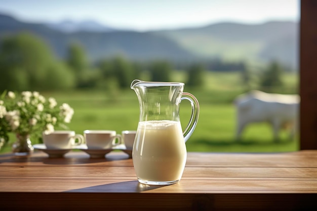 Glazen kan met verse melk op een houten tafel