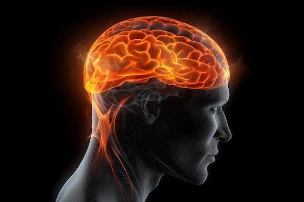 glazen kop met hersenen in vlammen die de ervaring van migraine of hoofdpijn symboliseren die AI heeft gegenereerd
