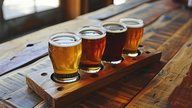 Foto glazen met ambachtelijk bier en een verscheidenheid aan hopige bieren op de bar toonbank alcohol glas modieus en modern drankje geniet van aromatische dranken en gezelschap van vrienden concept generatief door ai