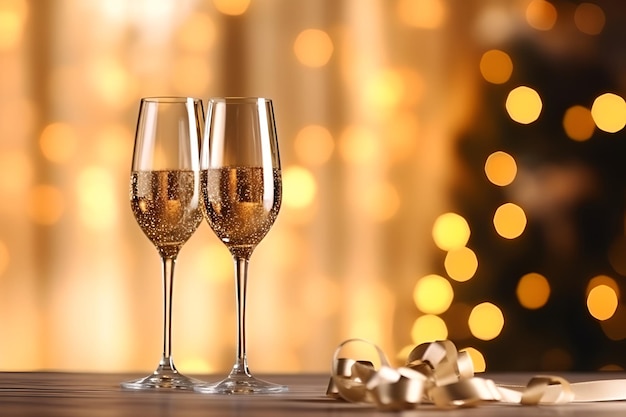 Glazen met champagne en gouden linten tegen kerstverlichting Nieuwjaarsachtergrond Twee glazen champagne op een tafel voor een vervaagde kerstboom Nieuwjaarsdiner Generatieve AI