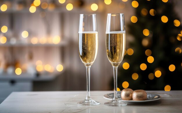 Glazen met champagne op de achtergrond van kerstversiering