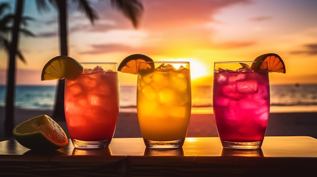 Glazen met drie verschillende cocktails op het strand.