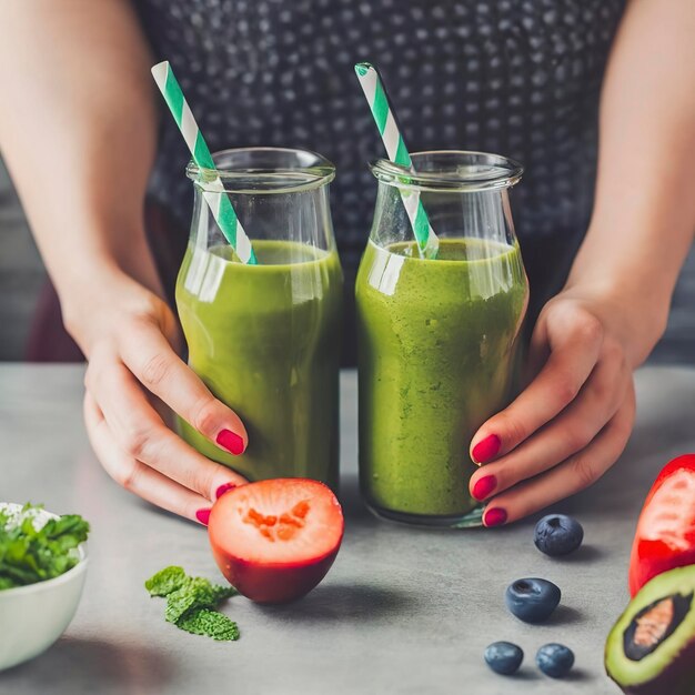 Glazen met groene en rode smoothies in vrouwelijke handen op de keukentafel