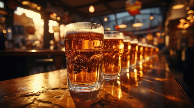 Glazen met verschillende soorten ambachtelijk bier op een houten staaf