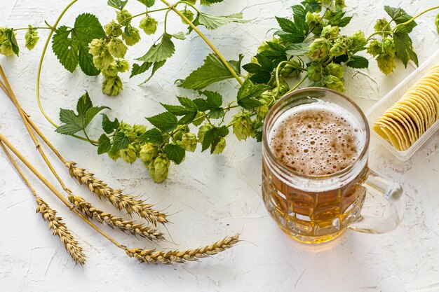 Glazen mok bier met oren van gerst-aardappelchips en hoptakken