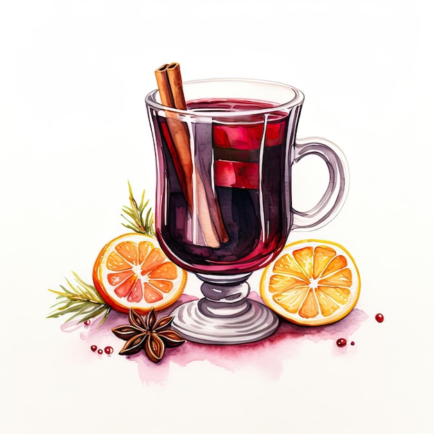 Glazen mok warme winterdrank aquarel illustratie glühwein