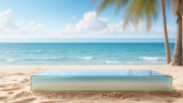 glazen podium voor productpresentatie op het zand van het strand met een wazige achtergrond van het strand