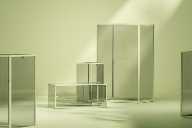 Glazen podiumvertoning met pastel groen tropisch blad als achtergrond en geometrische vormen 3d render