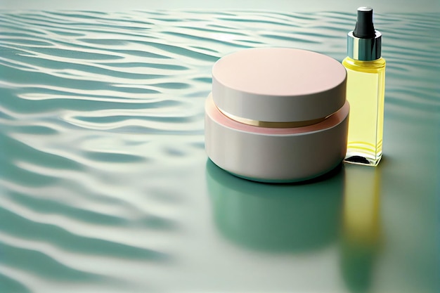 Glazen pot en fles cosmetica schoonheidsproduct voor huidverzorging gezichtscrème in waterdruppel puur mooi AI gegenereerd