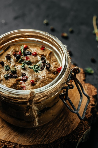 Glazen pot leverpastei of mousse zelfgemaakte kippenleverpastei in een glazen pot verticale afbeelding bovenaanzicht plaats voor tekst