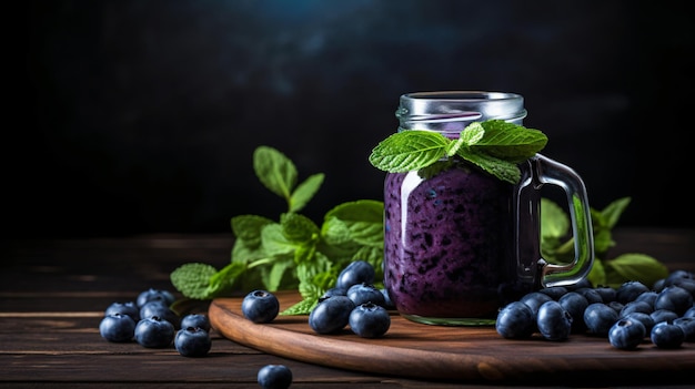 Glazen pot met blauwe bessen en spinazie op een houten tafel