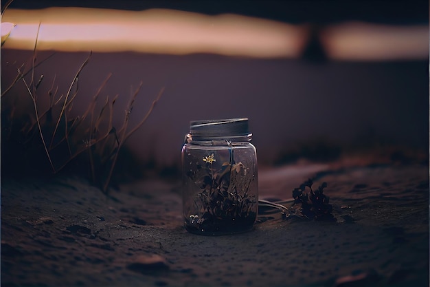 Glazen pot met bloem in de natuur