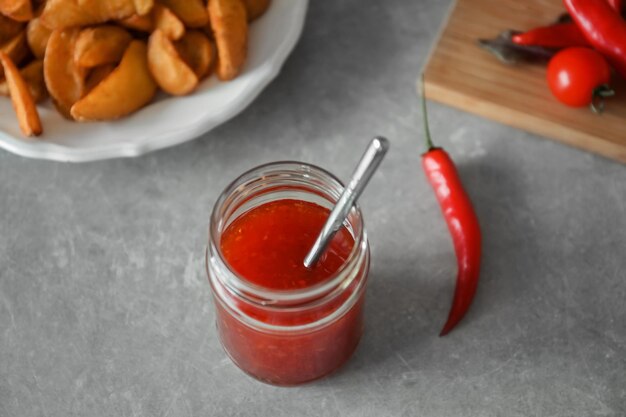 Glazen pot met chili saus op de keukentafel