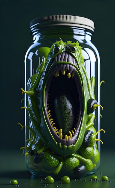 Glazen pot met een groen monster erin
