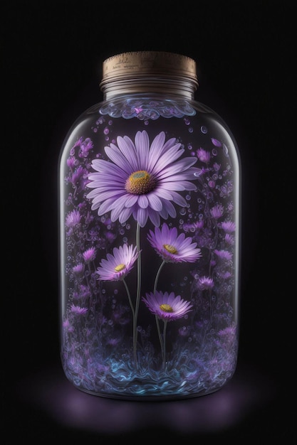 Glazen pot met paarse bloemen erin generatieve ai