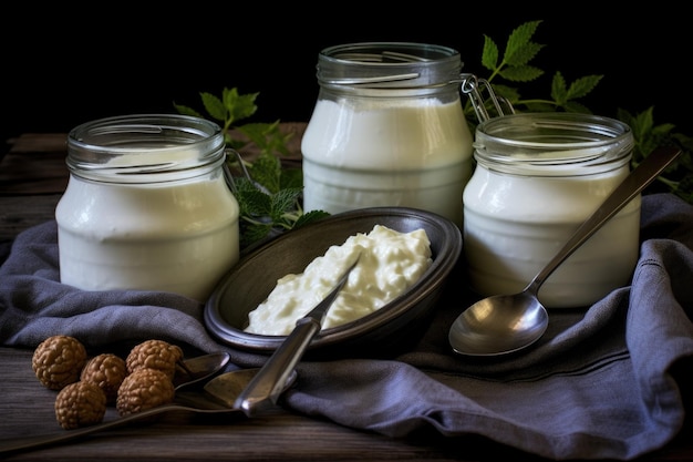 Glazen potjes gevuld met romige zelfgemaakte yoghurt