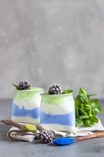 Glazen potten van gezonde drielaagse yoghurt met spirulinapoeder en matchatheepoeder