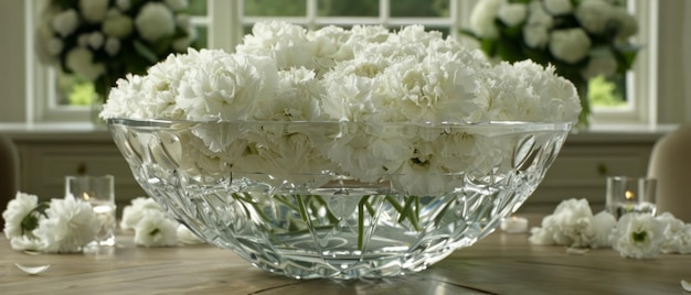 Glazen schaal met witte bloemen op een houten tafel