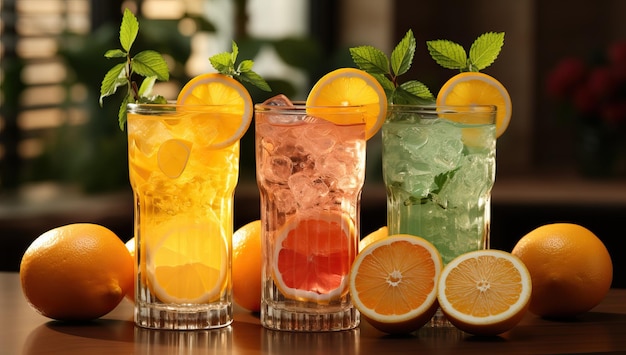 Glazen smakelijke limonade met ijsblokjes op tafel in bar