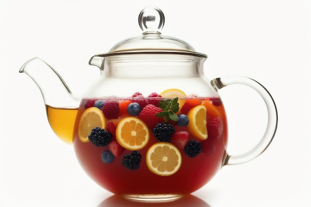 Glazen theepot met gezonde fruitthee op witte achtergrond Generatieve AI