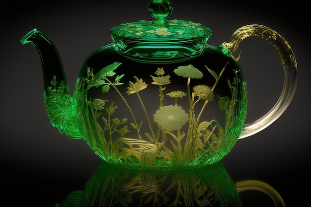 Glazen theepot met gouden wilde bloemen op zwart geïsoleerd