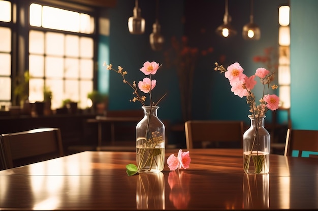 Glazen vaas met roze bloemen bloemen takken op glazen tafel in de buurt van lege blanco turquoise muur AI gegenereerd