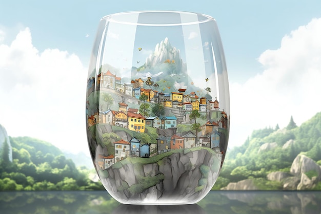 Glazen vaas met uitzicht op de stad