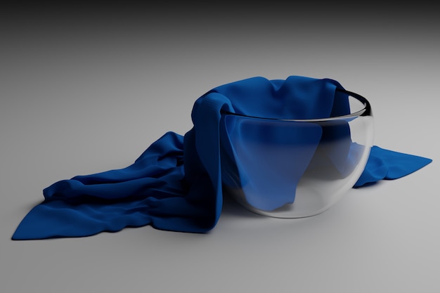 Glazen vaas op een witte tafel bedekt met een blauwe zijden doek.