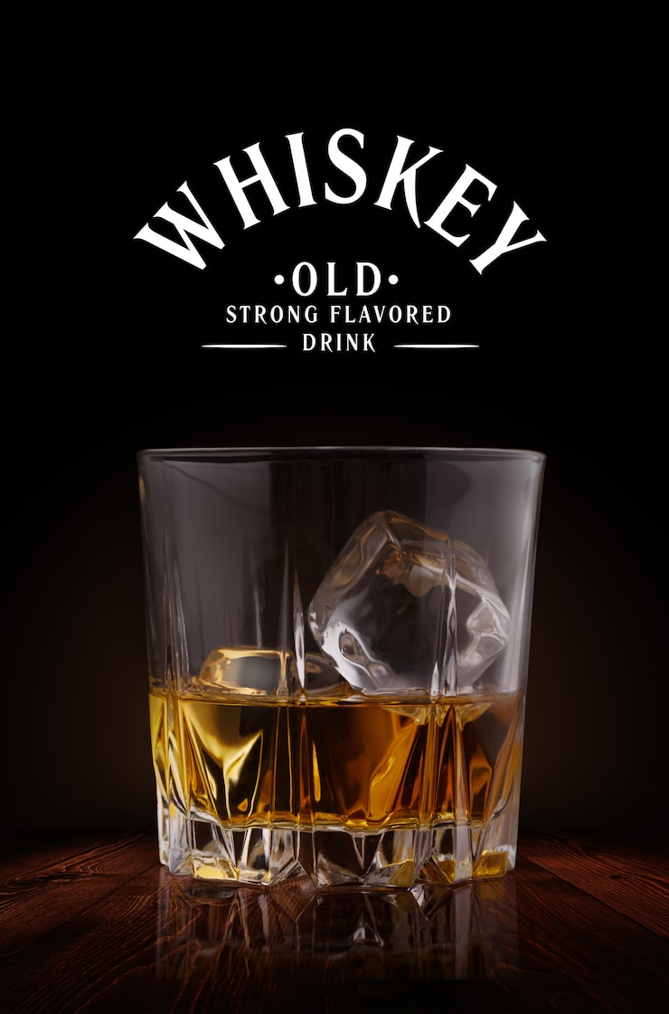 Foto glazen whisky met ijsblokjes op houten achtergrond