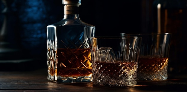 Glazen whisky op een houten tafel Generatieve Ai