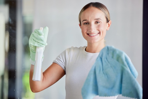 Glazenwasser en vrouw in portret met doekreiniger product spray fles en handschoenen in huis of op kantoor Ondernemer persoon in huis met zeep vloeibaar wasmiddel voor lente schone carrière