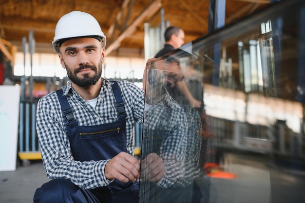 The glazier carries the glass in the glass factory