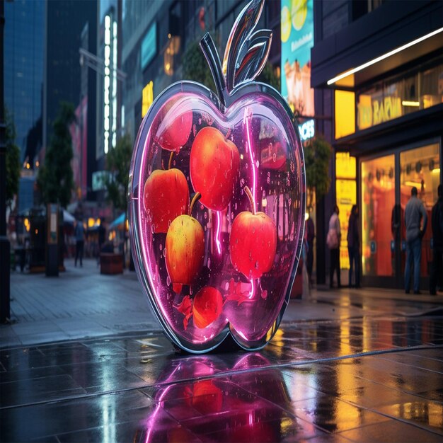 A gleaming apple adorned with glistening water droplets reflects the soft light of the night