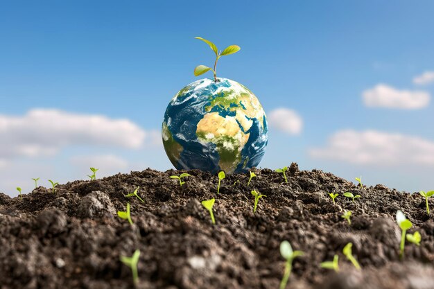 Photo gleaming earth resting on fertile soil symbolizing environmental hope