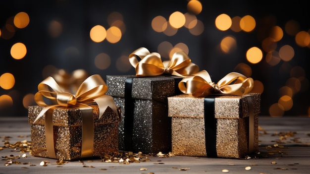 Gleaming Gold and Black Gift Boxes with Festive Backdrop