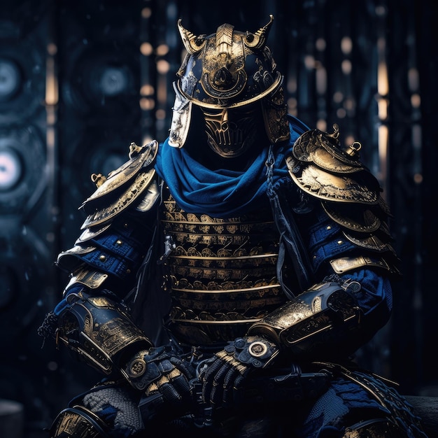 Блестящее золото и синий загадочный механический самурай развязывает эпическую битву