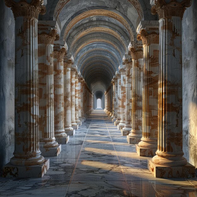 Gleaming marble corridor flanked by ornate columns stretching into a vanishing point under a vaulted ceiling