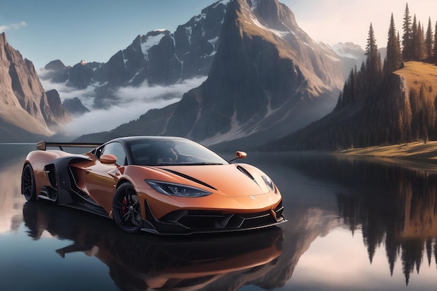 A gleaming photorealistic supercar parked in front of a majestic mountain lake generated by Ai
