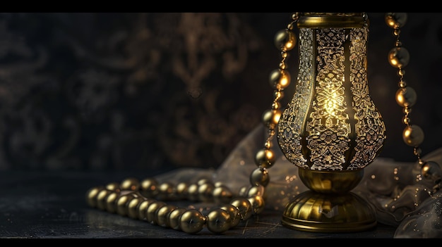 Блестящий Рамаданский фонарь с мусульманскими молитвенными бусинками на черном фоне Празднование Рамадана, важного исламского праздника