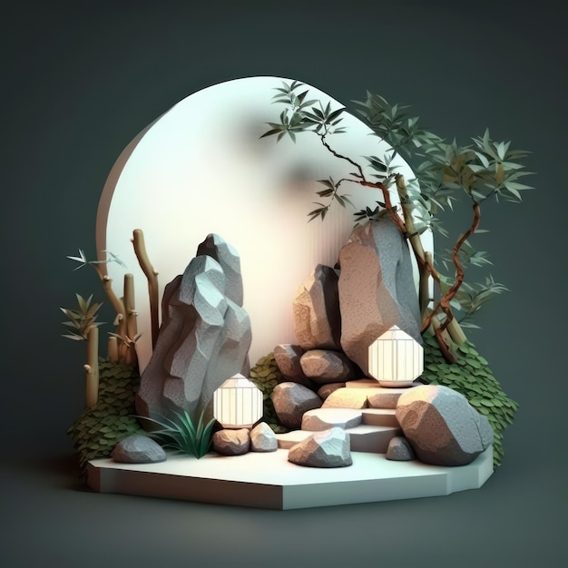 Gleaming rock garden with bamboo and lanterns minimalist mockup for podium display or showcase AI generation