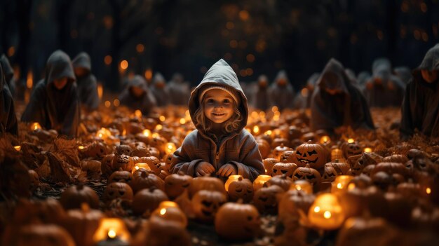 gleeful child's journey among halloween's glowing pumpkins and lanterns