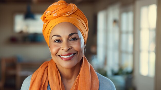 Gleeful elderly AfricanAmerican woman wearing an orange scarf and casual attire her face lit up in a portrait of contentment